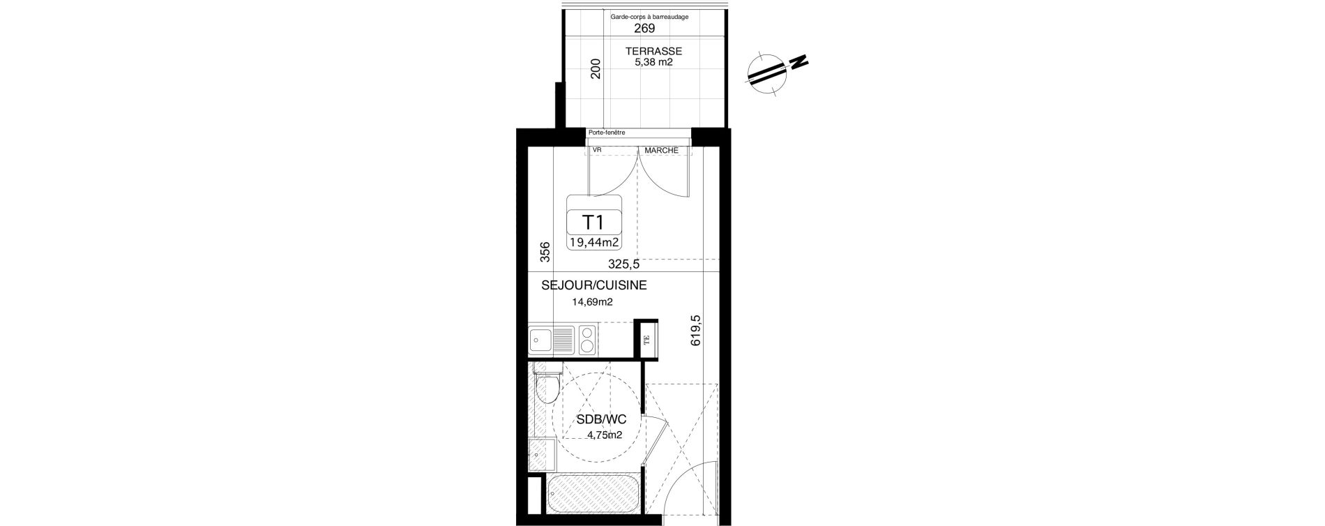 Appartement T1 de 19,44 m2 &agrave; Montpellier Centre