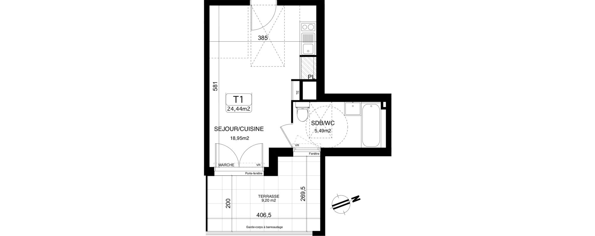 Appartement T1 de 24,44 m2 &agrave; Montpellier Centre