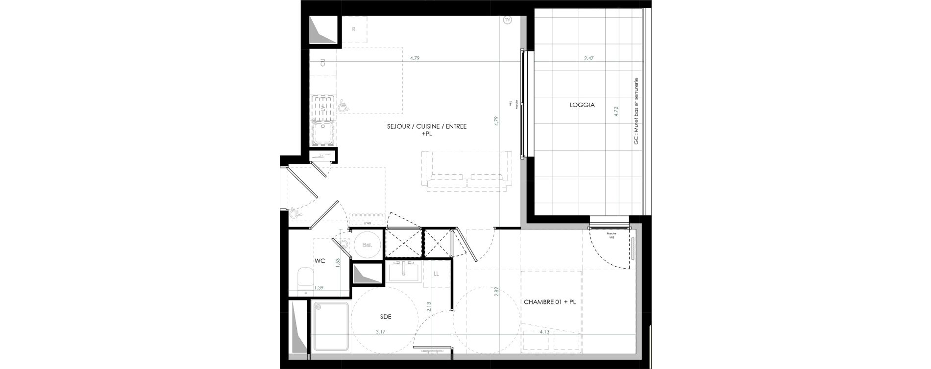 Appartement T2 de 43,57 m2 &agrave; Saint-Cl&eacute;ment-De-Rivi&egrave;re Centre