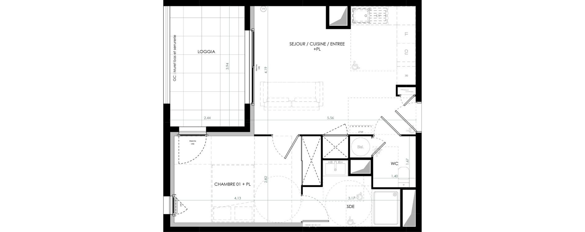 Appartement T2 de 42,47 m2 &agrave; Saint-Cl&eacute;ment-De-Rivi&egrave;re Centre
