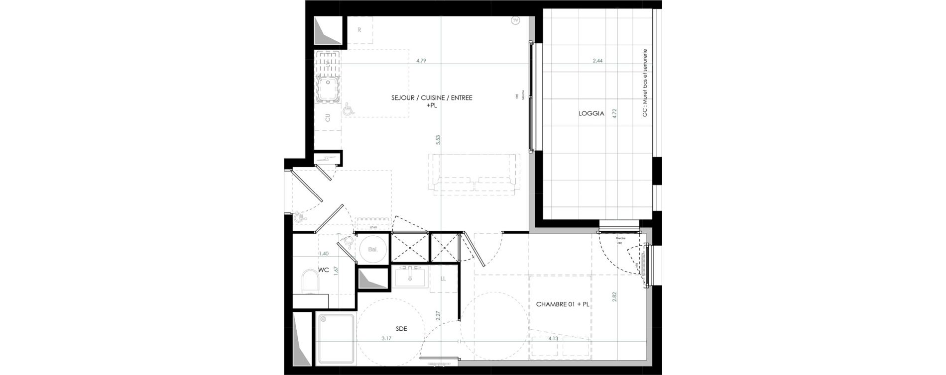 Appartement T2 de 43,82 m2 &agrave; Saint-Cl&eacute;ment-De-Rivi&egrave;re Centre