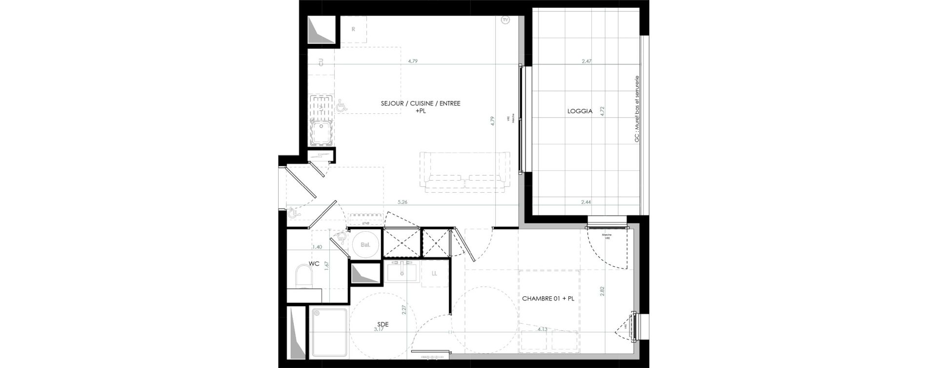 Appartement T2 de 43,82 m2 &agrave; Saint-Cl&eacute;ment-De-Rivi&egrave;re Centre