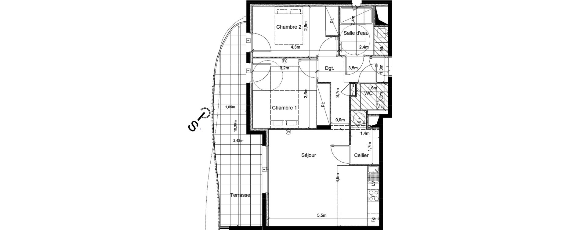 Appartement T3 de 65,30 m2 &agrave; S&eacute;rignan Centre