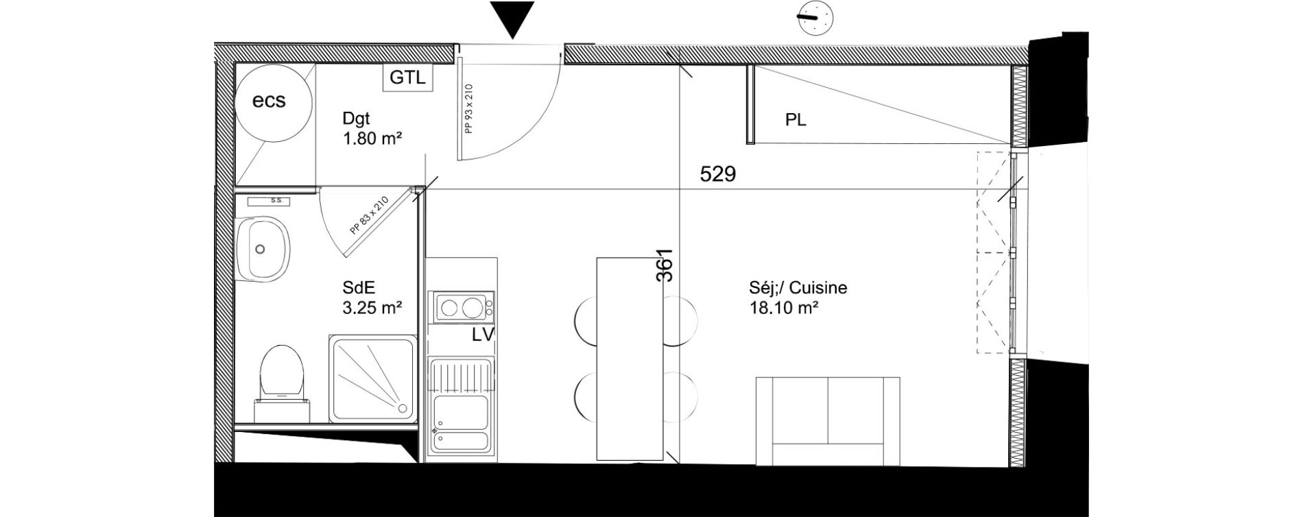 Appartement T1 de 23,15 m2 &agrave; S&egrave;te La m&eacute;diath&egrave;que