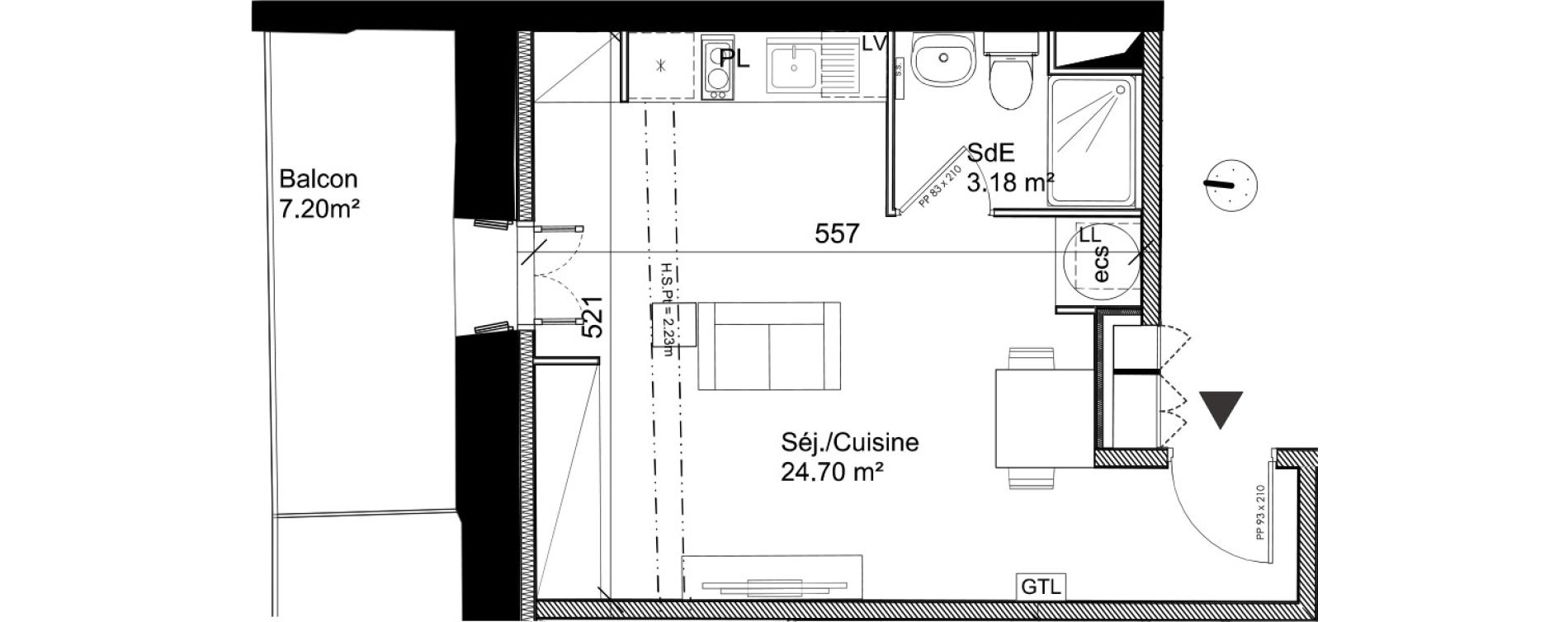 Appartement T1 de 27,88 m2 &agrave; S&egrave;te La m&eacute;diath&egrave;que