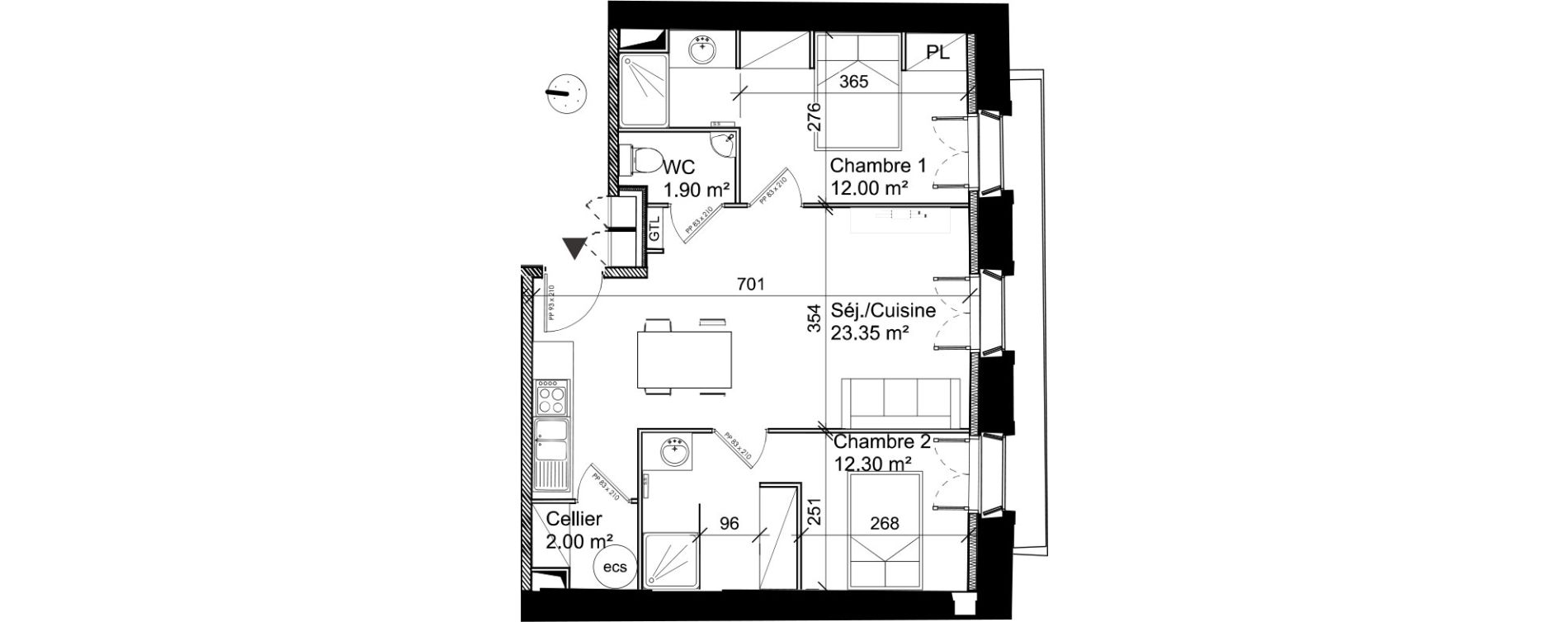 Appartement T3 de 51,55 m2 &agrave; S&egrave;te La m&eacute;diath&egrave;que