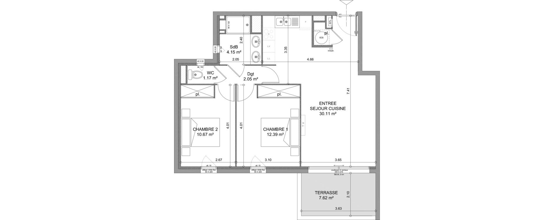 Appartement T3 de 60,54 m2 &agrave; S&egrave;te Le conservatoire