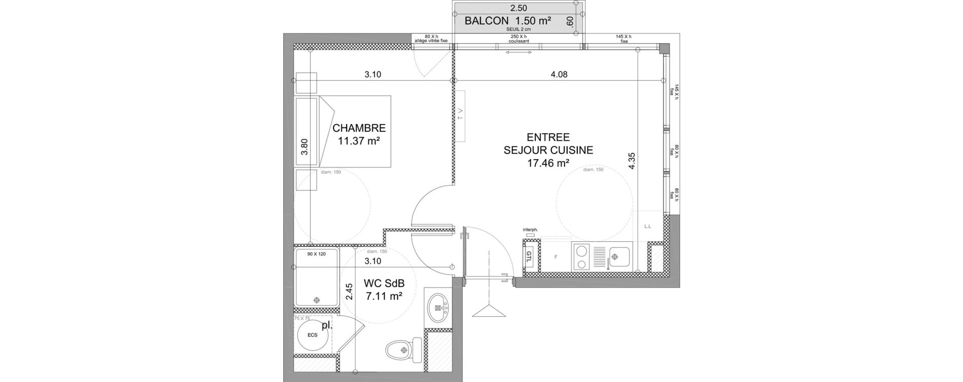 Appartement T2 de 35,94 m2 &agrave; S&egrave;te Le conservatoire