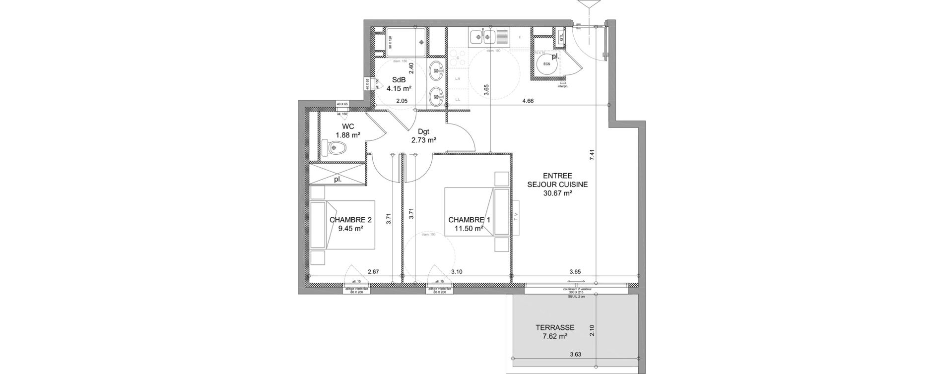 Appartement T3 de 60,38 m2 &agrave; S&egrave;te Le conservatoire