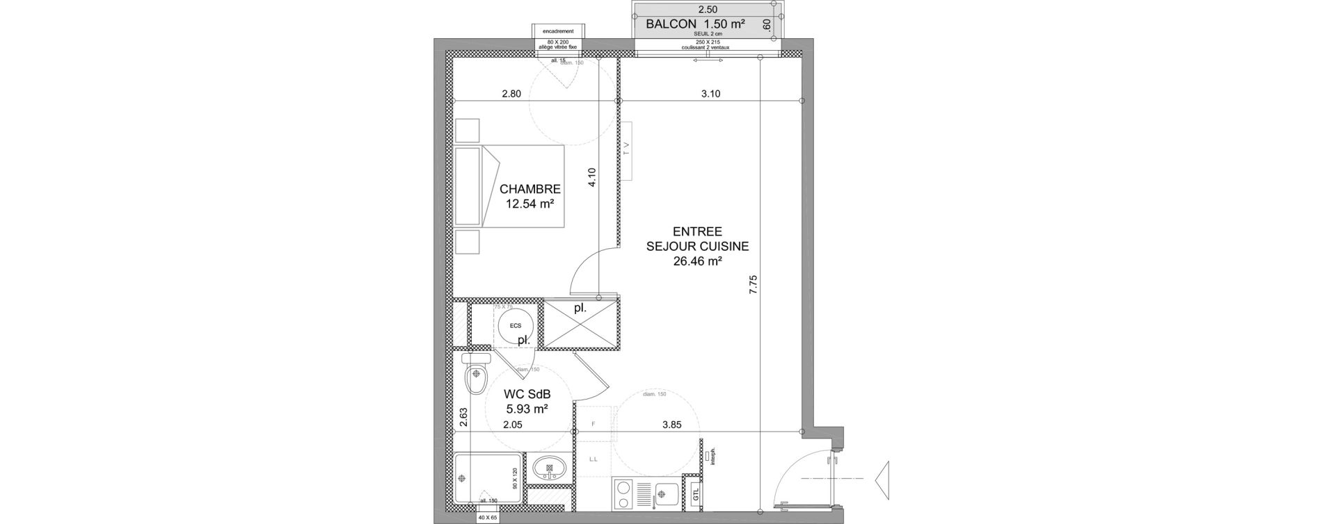 Appartement T2 de 44,93 m2 &agrave; S&egrave;te Le conservatoire