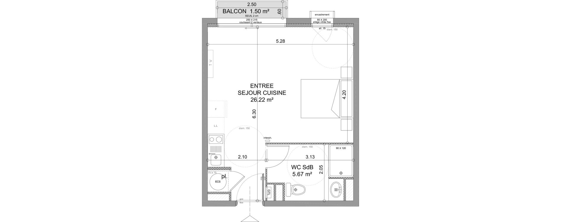 Appartement T1 de 31,89 m2 &agrave; S&egrave;te Le conservatoire