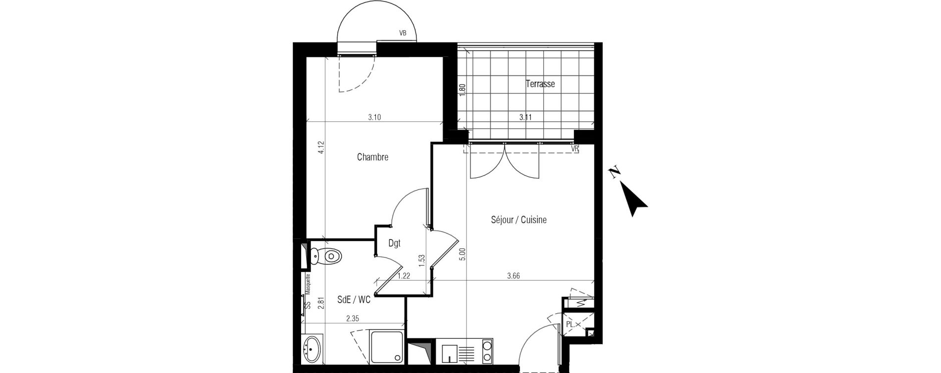 Appartement T2 de 37,25 m2 &agrave; S&egrave;te Le conservatoire