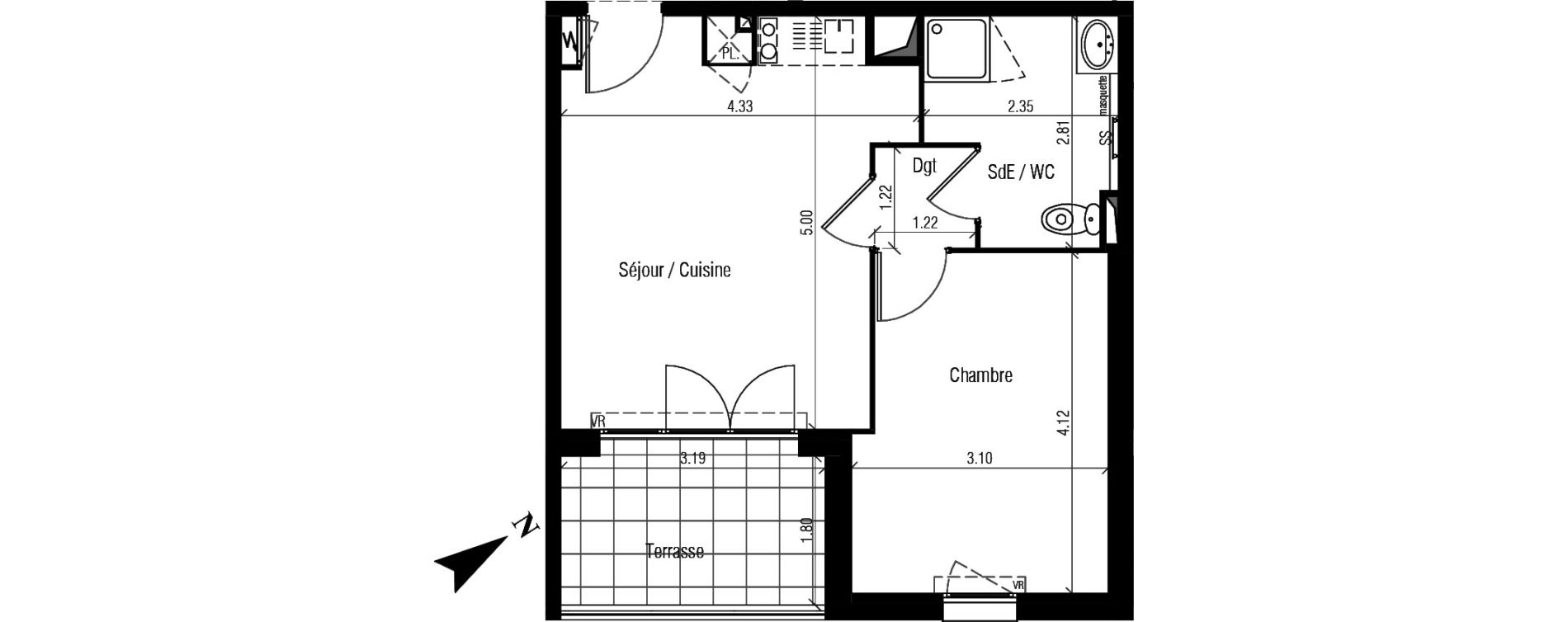 Appartement T2 de 38,20 m2 &agrave; S&egrave;te Le conservatoire