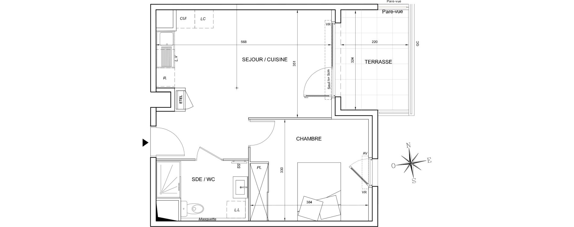 Appartement T2 de 40,60 m2 &agrave; S&egrave;te Les jardins de l etang