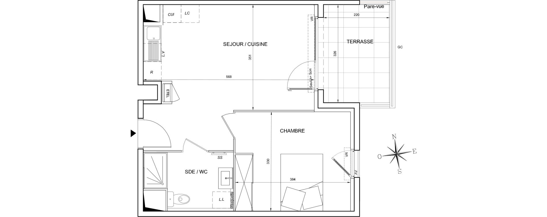 Appartement T2 de 40,60 m2 &agrave; S&egrave;te Les jardins de l etang