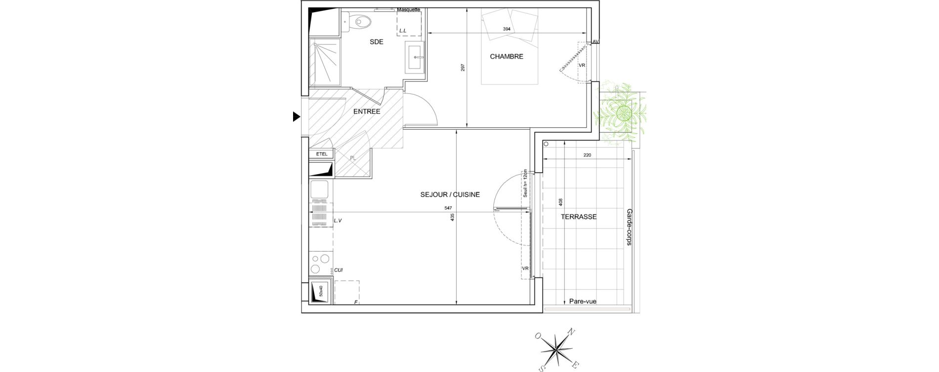 Appartement T2 de 42,35 m2 &agrave; S&egrave;te Rive sud