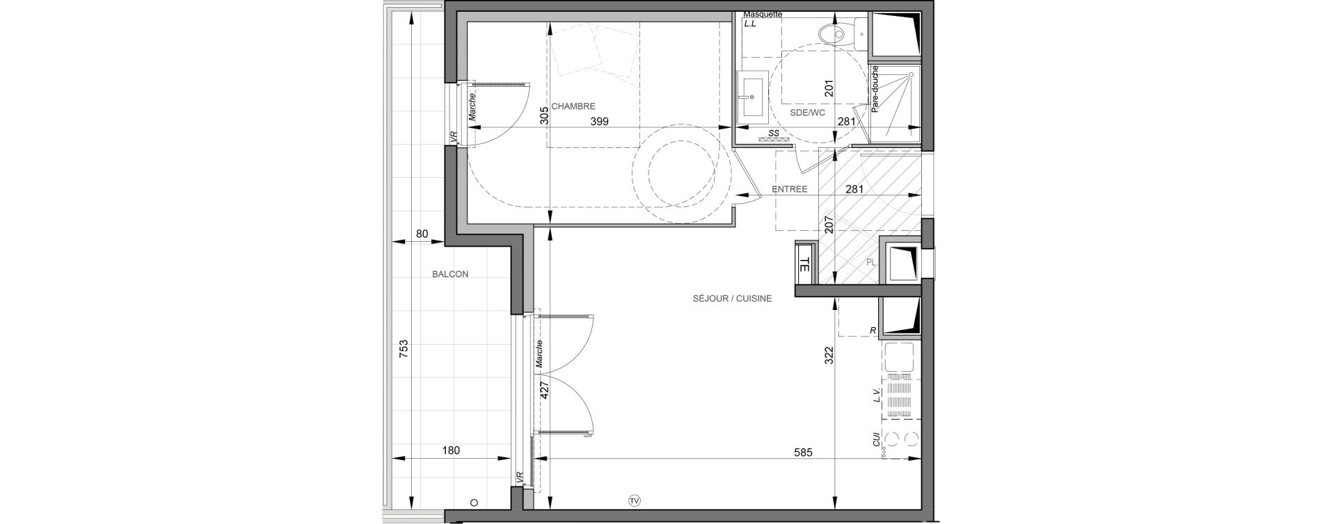 Appartement T2 de 43,95 m2 &agrave; S&egrave;te Rive sud