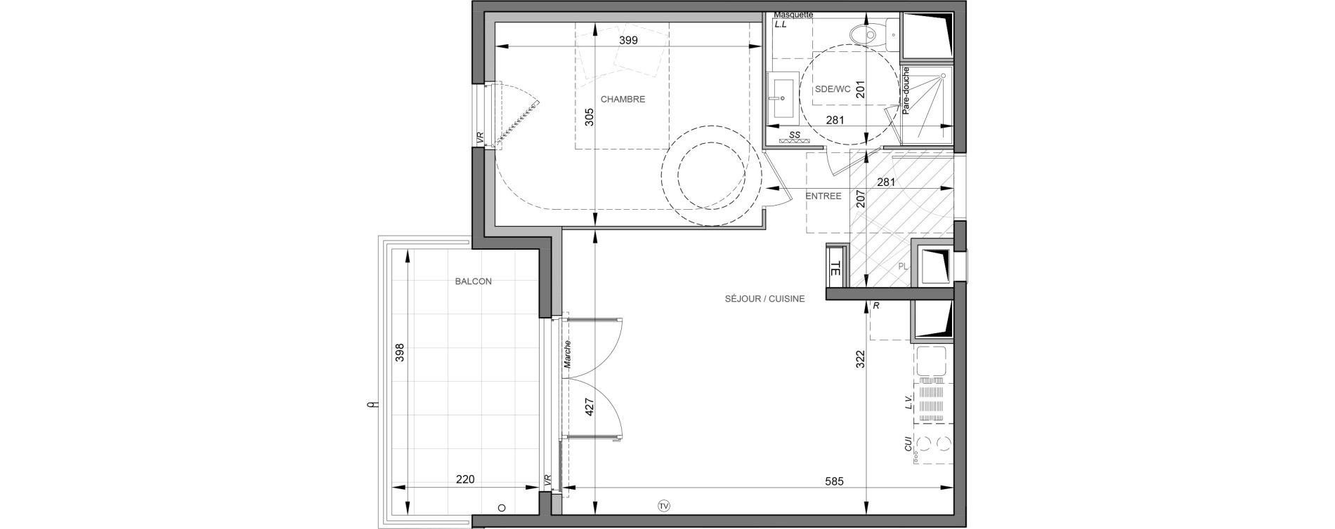 Appartement T2 de 43,95 m2 &agrave; S&egrave;te Rive sud