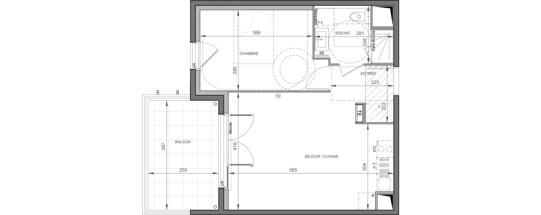 Appartement T2 de 42,60 m2 &agrave; S&egrave;te Rive sud