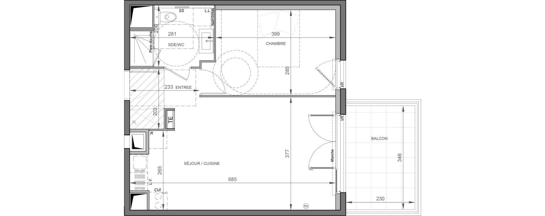 Appartement T2 de 43,65 m2 &agrave; S&egrave;te Rive sud