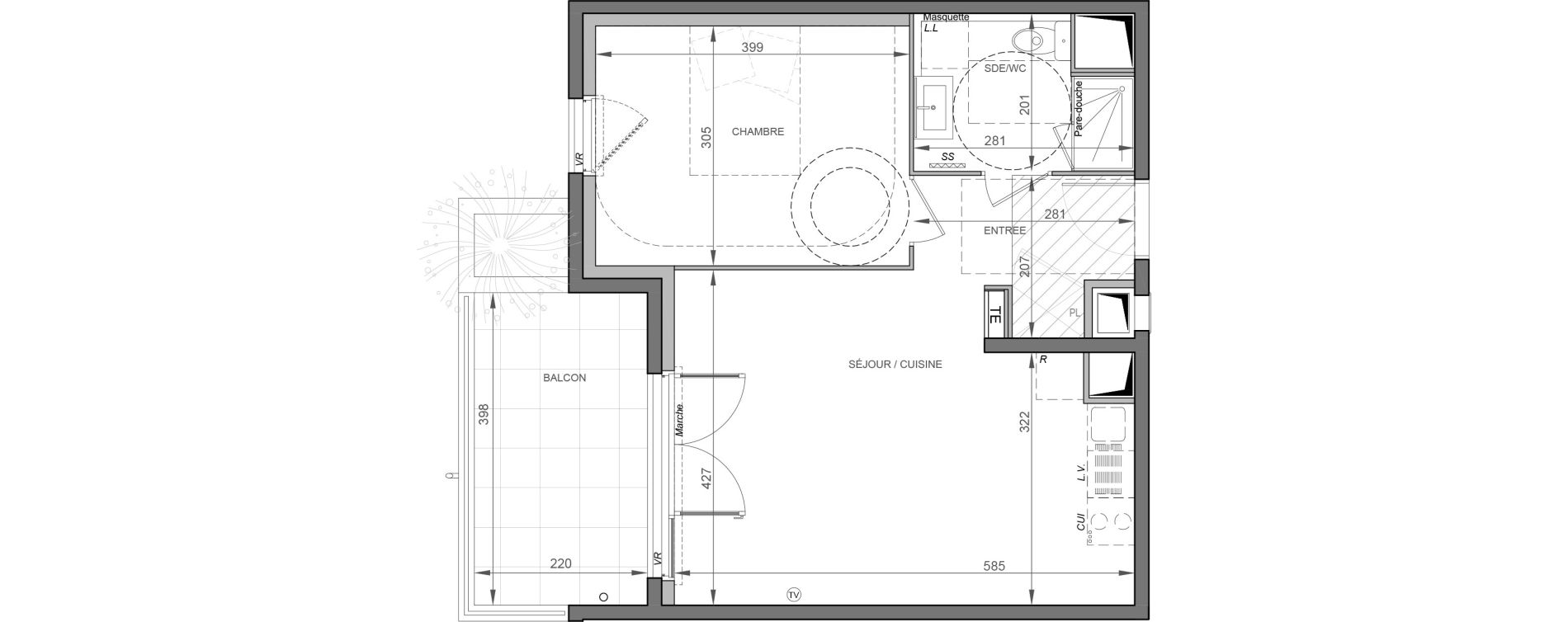 Appartement T2 de 43,95 m2 &agrave; S&egrave;te Rive sud