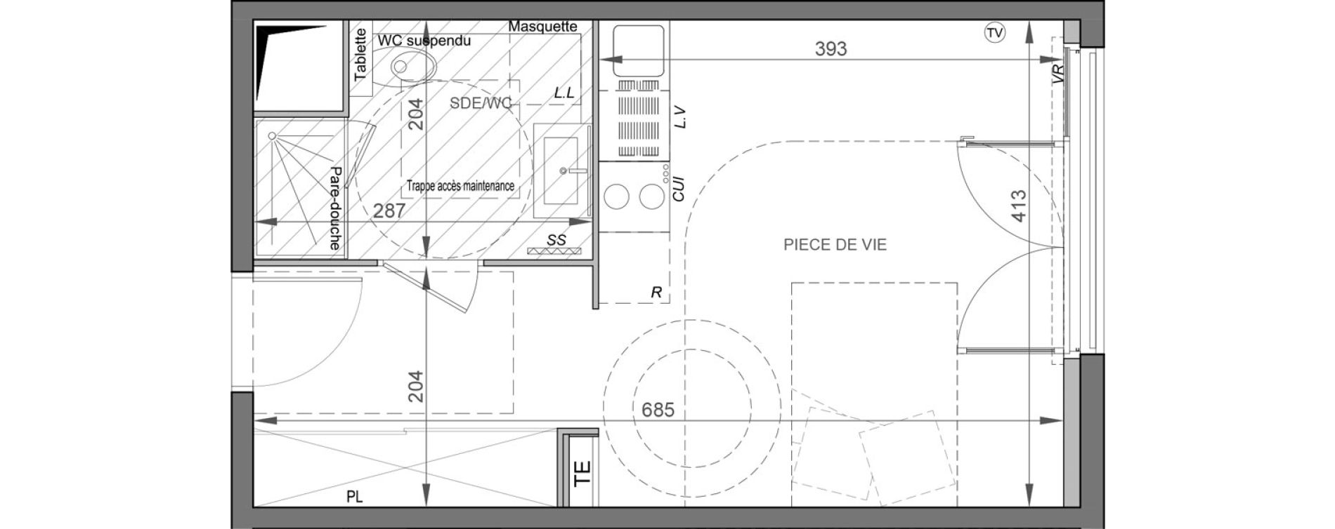 Appartement T1 de 27,05 m2 &agrave; S&egrave;te Rive sud