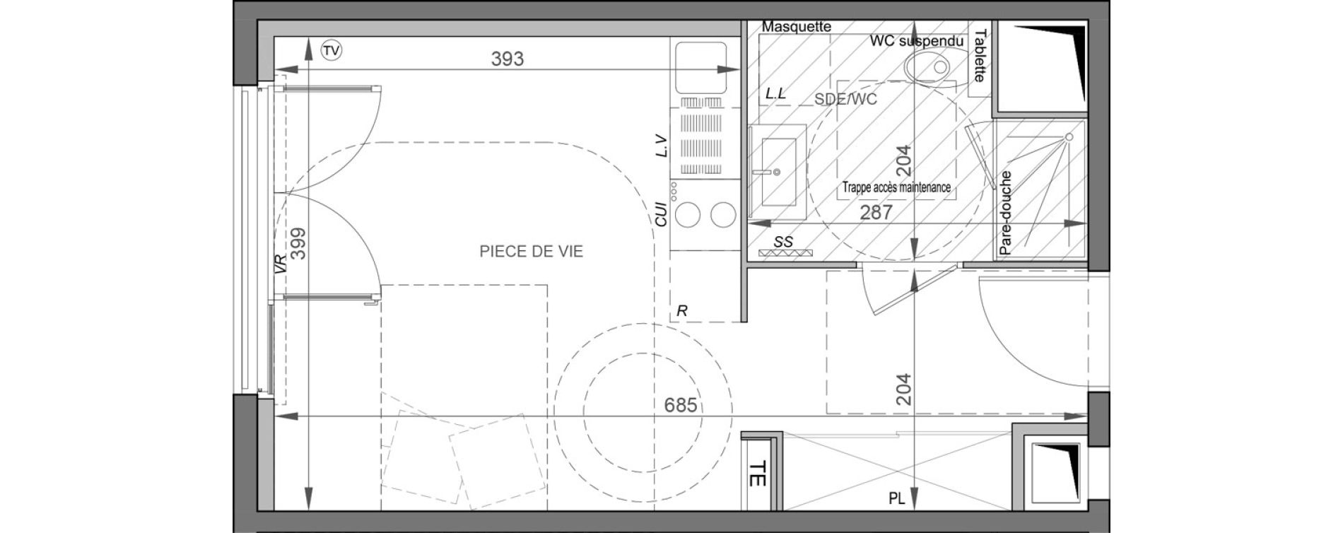 Appartement T1 de 26,05 m2 &agrave; S&egrave;te Rive sud