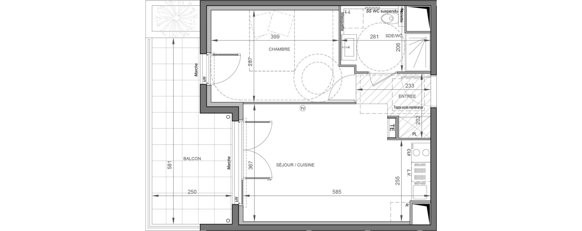 Appartement T2 de 39,90 m2 &agrave; S&egrave;te Rive sud