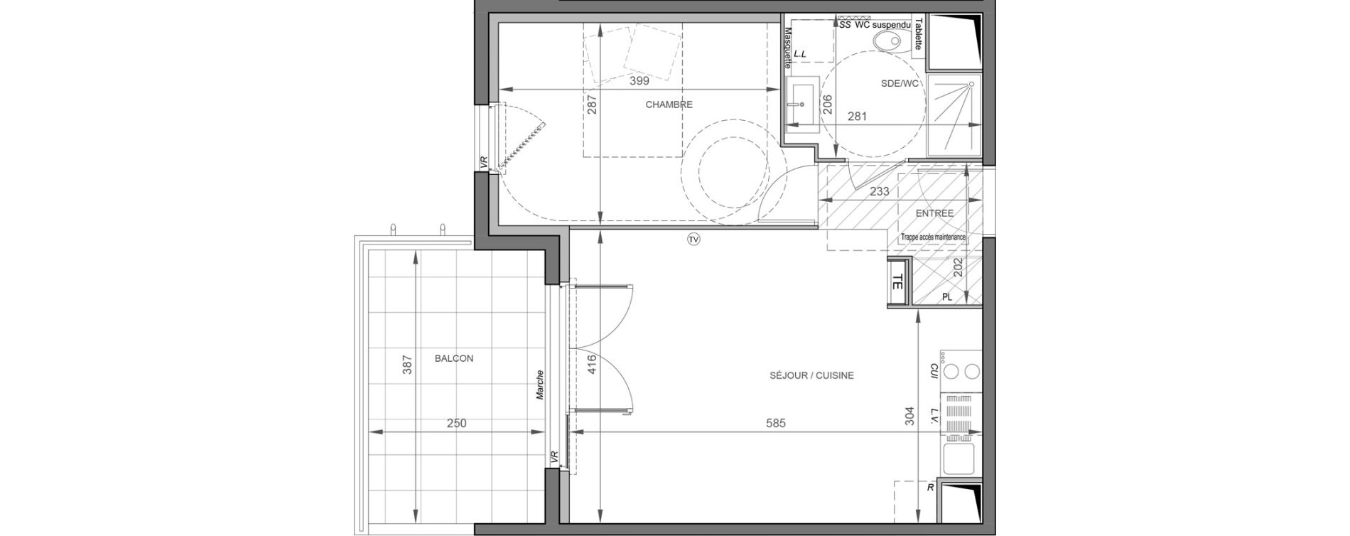 Appartement T2 de 42,75 m2 &agrave; S&egrave;te Rive sud