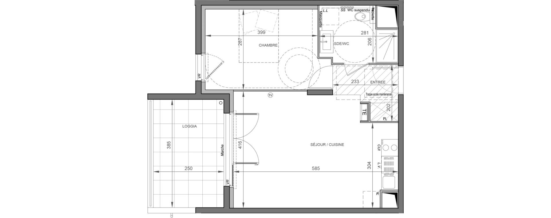 Appartement T2 de 42,60 m2 &agrave; S&egrave;te Rive sud