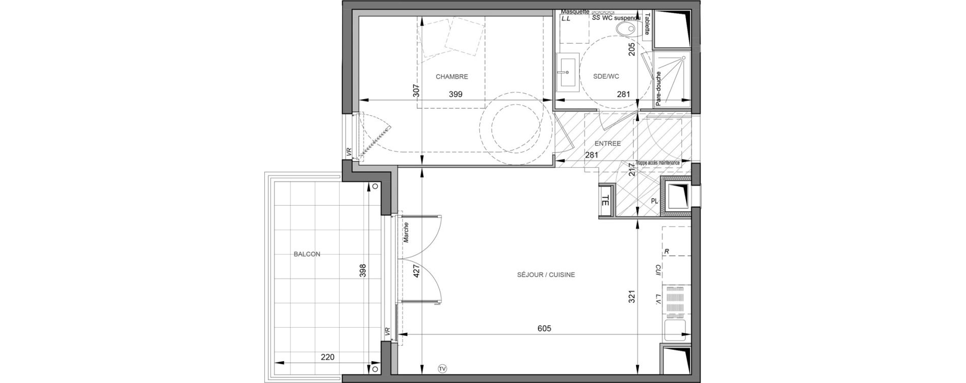 Appartement T2 de 45,05 m2 &agrave; S&egrave;te Rive sud