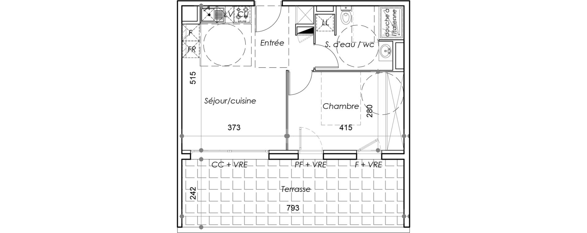 Appartement T2 de 38,99 m2 au Barcar&egrave;s Centre