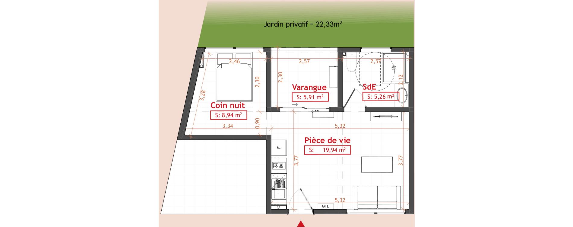 Appartement T1 de 34,14 m2 Cayenne Hibiscus