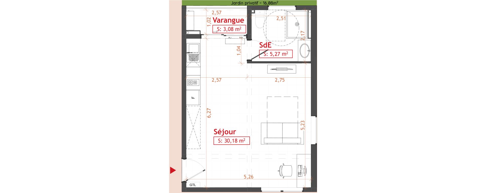 Appartement T1 de 35,45 m2 Cayenne Hibiscus