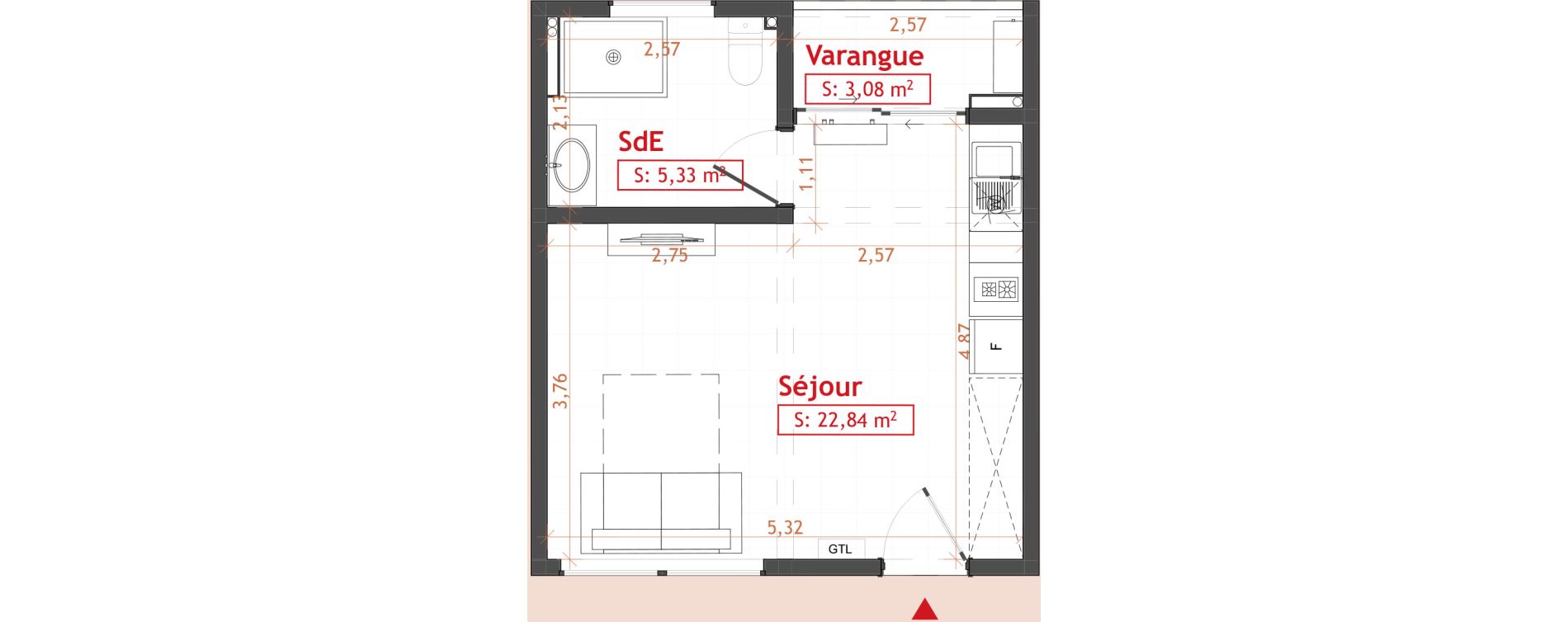 Appartement T1 de 28,17 m2 Cayenne Hibiscus