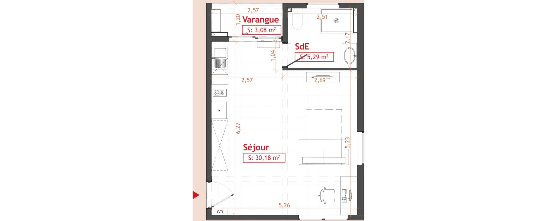 Appartement T1 de 35,47 m2 Cayenne Hibiscus