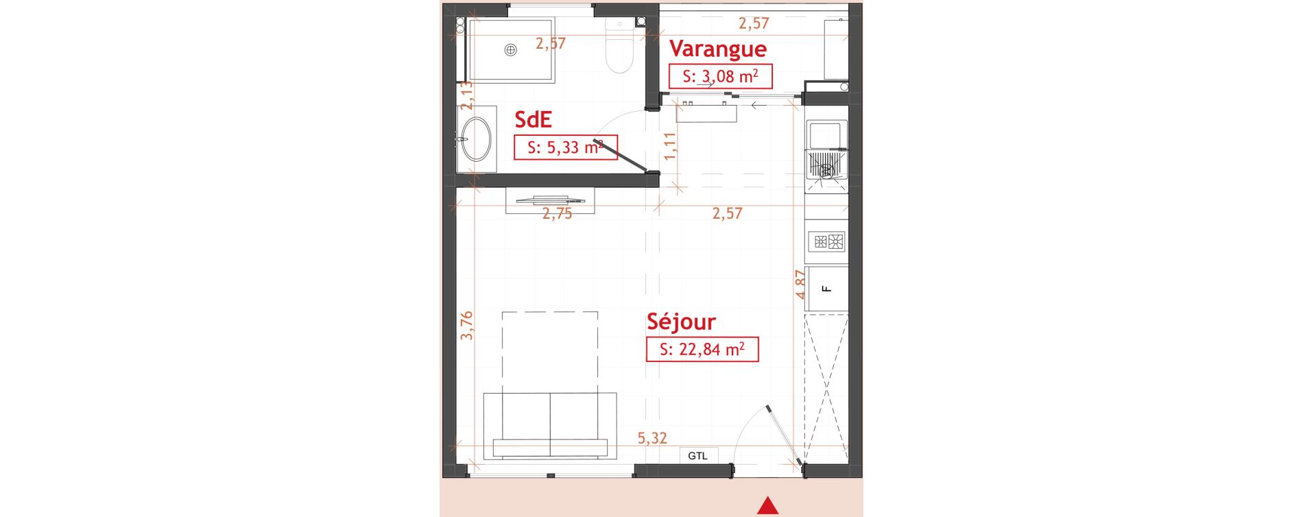 Appartement T1 de 28,17 m2 Cayenne Hibiscus