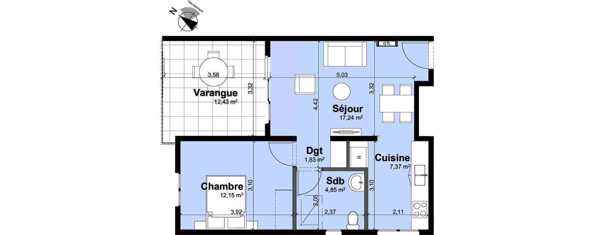 Appartement T2 de 43,44 m2 Remire-Montjoly Centre