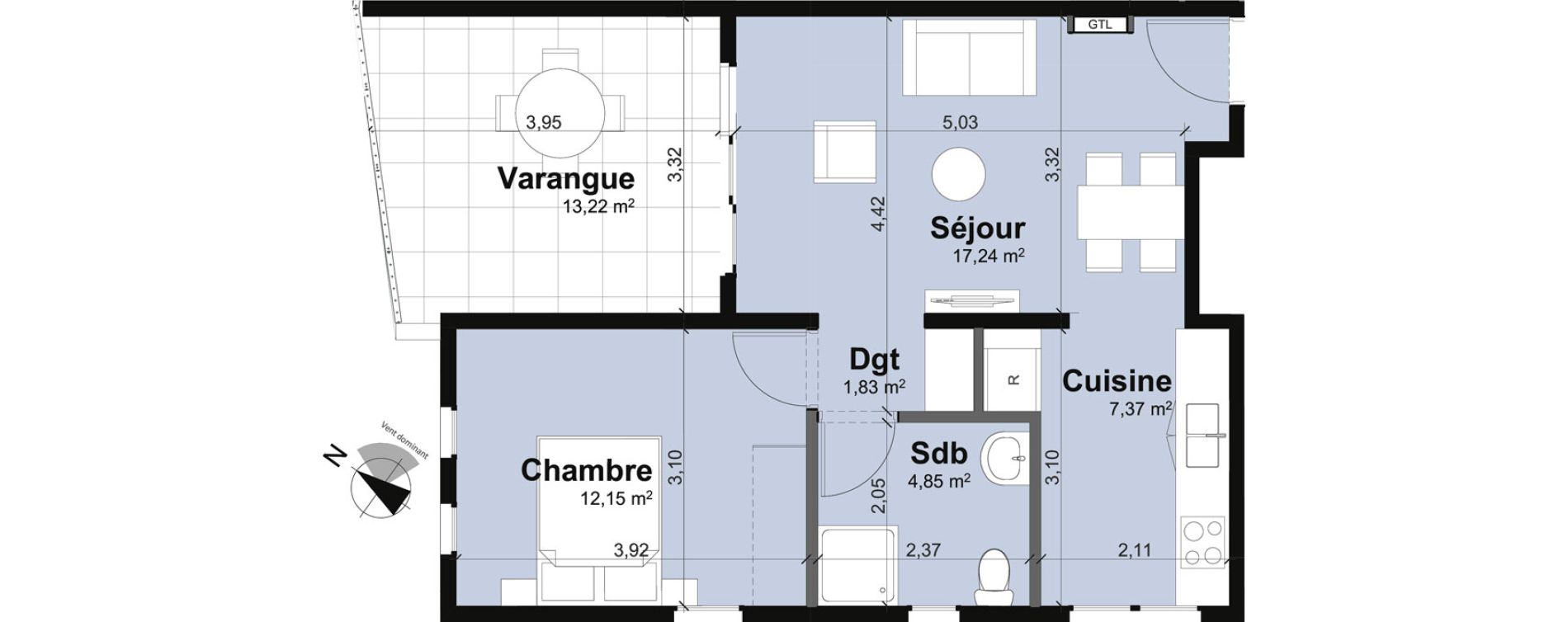 Appartement T2 de 43,44 m2 Remire-Montjoly Centre
