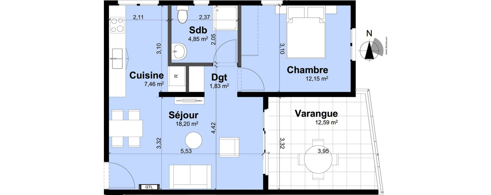 Appartement T2 de 44,49 m2 Remire-Montjoly Centre