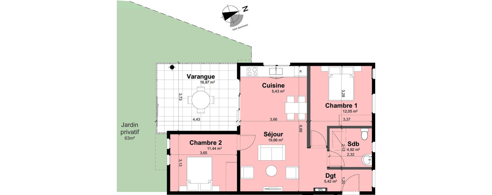 Appartement T3 de 58,92 m2 Remire-Montjoly Centre