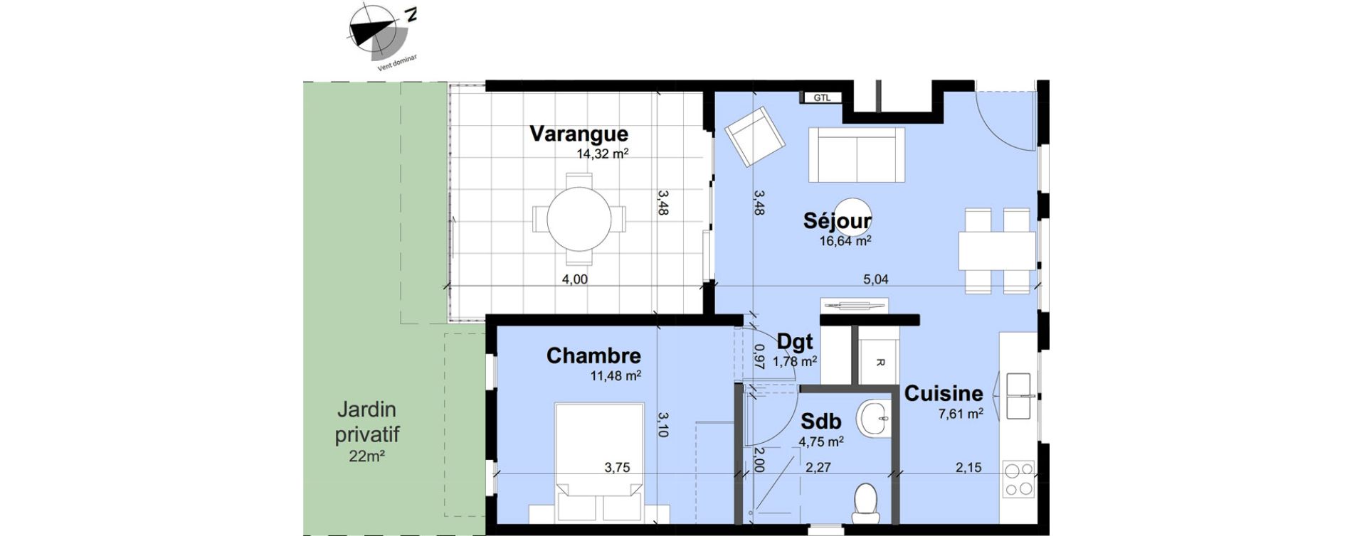 Appartement T2 de 42,26 m2 Remire-Montjoly Centre