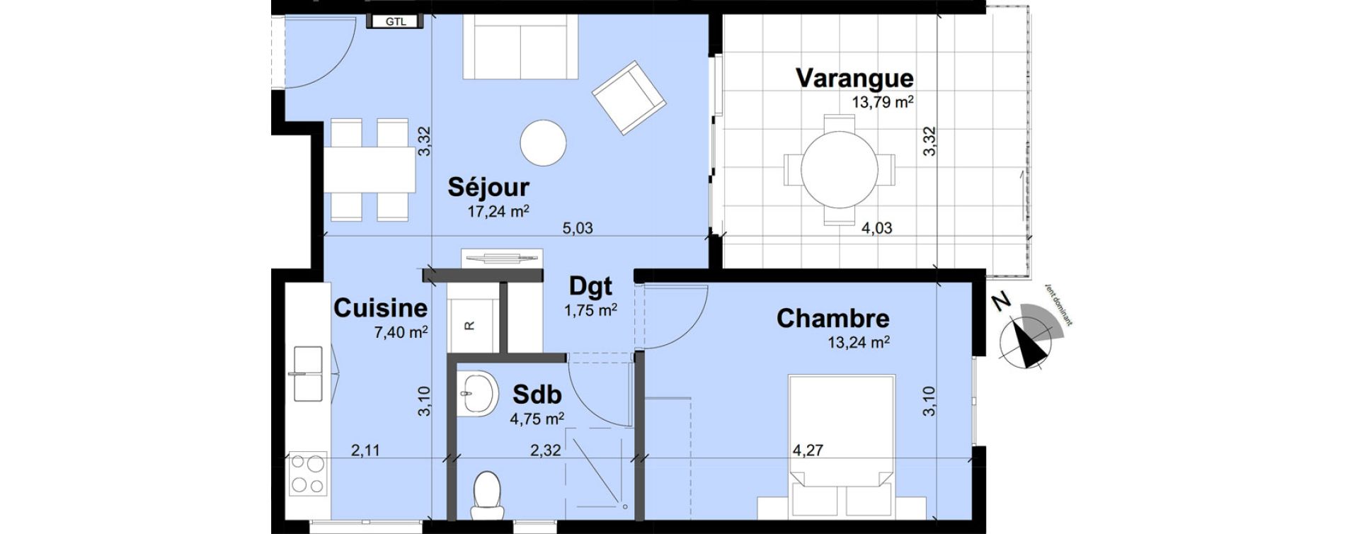 Appartement T2 de 44,38 m2 Remire-Montjoly Centre