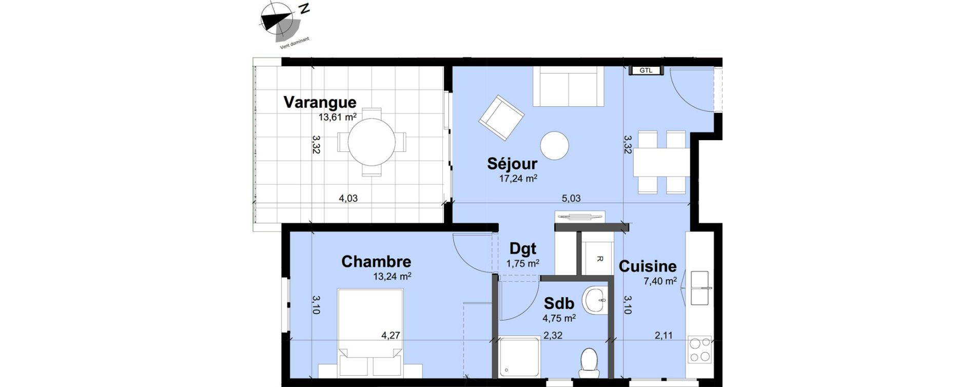 Appartement T2 de 44,38 m2 Remire-Montjoly Centre