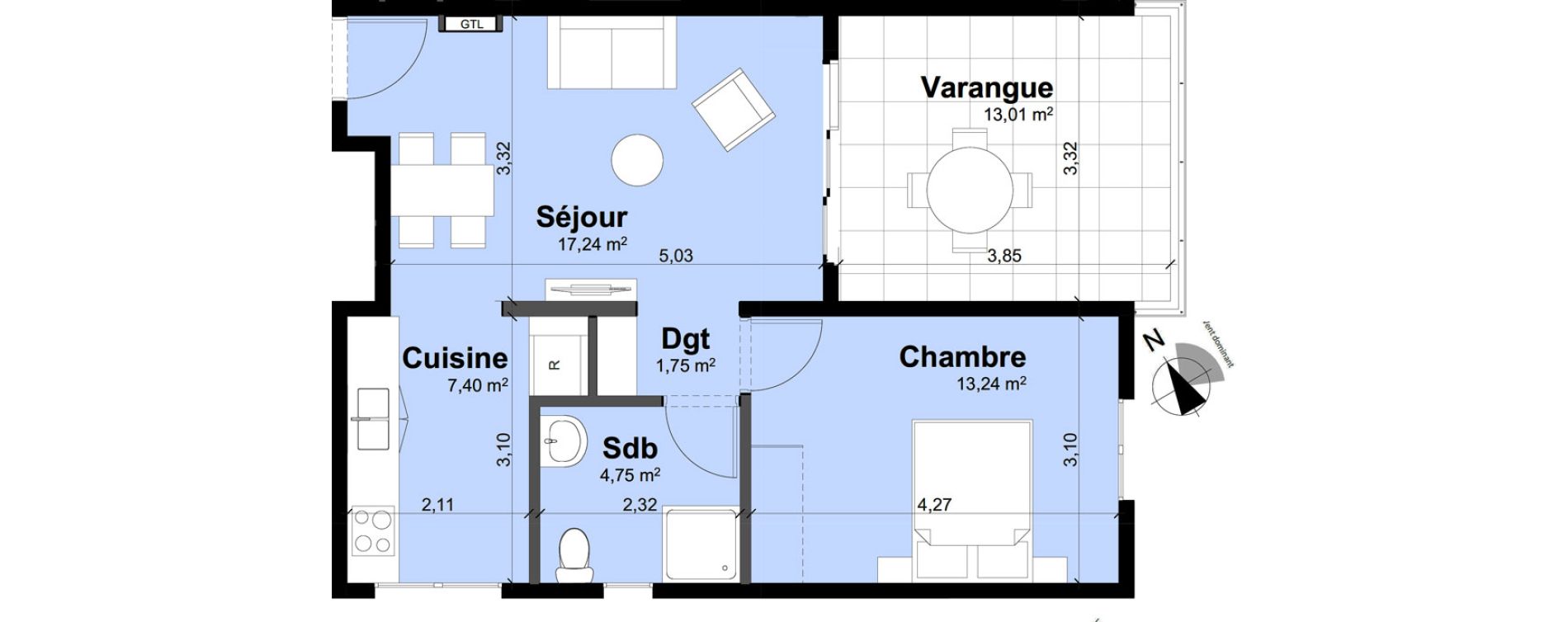 Appartement T2 de 44,38 m2 Remire-Montjoly Centre