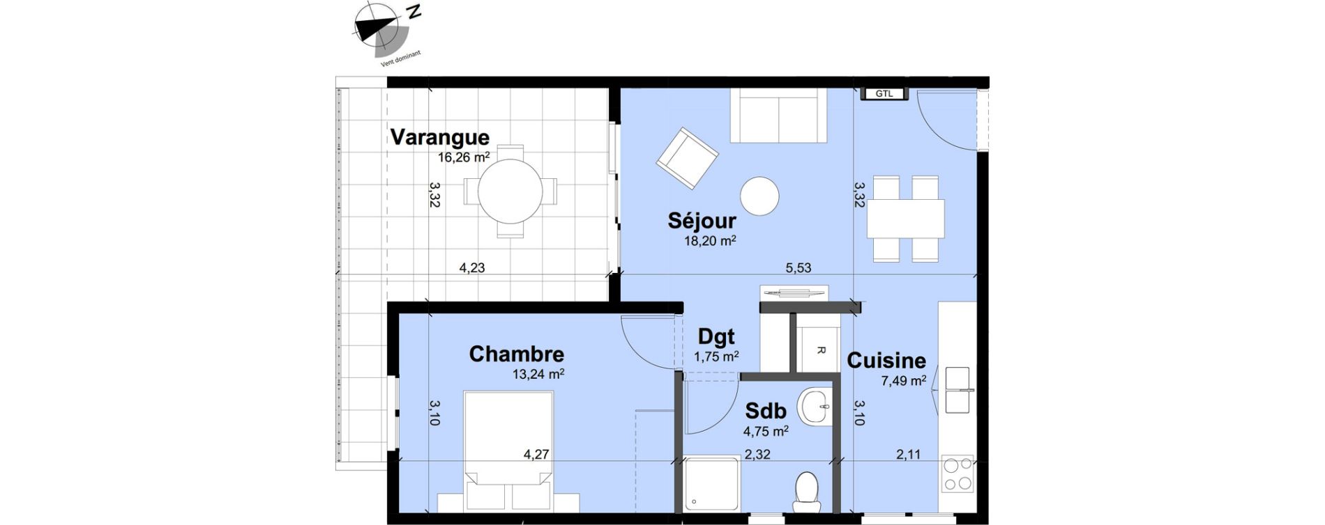 Appartement T2 de 45,43 m2 Remire-Montjoly Centre