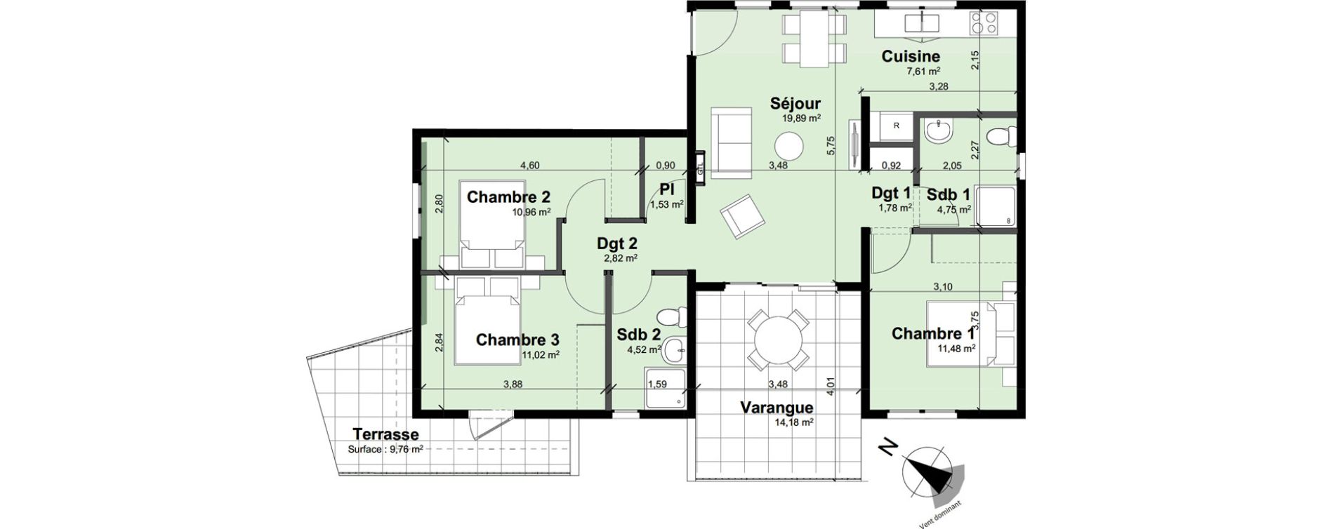 Appartement T4 de 76,36 m2 Remire-Montjoly Centre