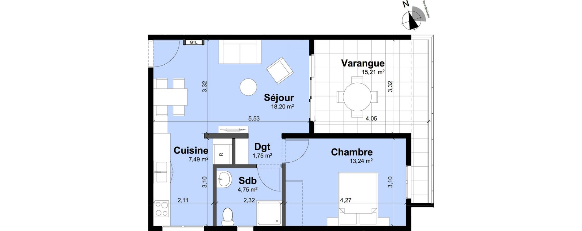 Appartement T2 de 45,43 m2 Remire-Montjoly Centre