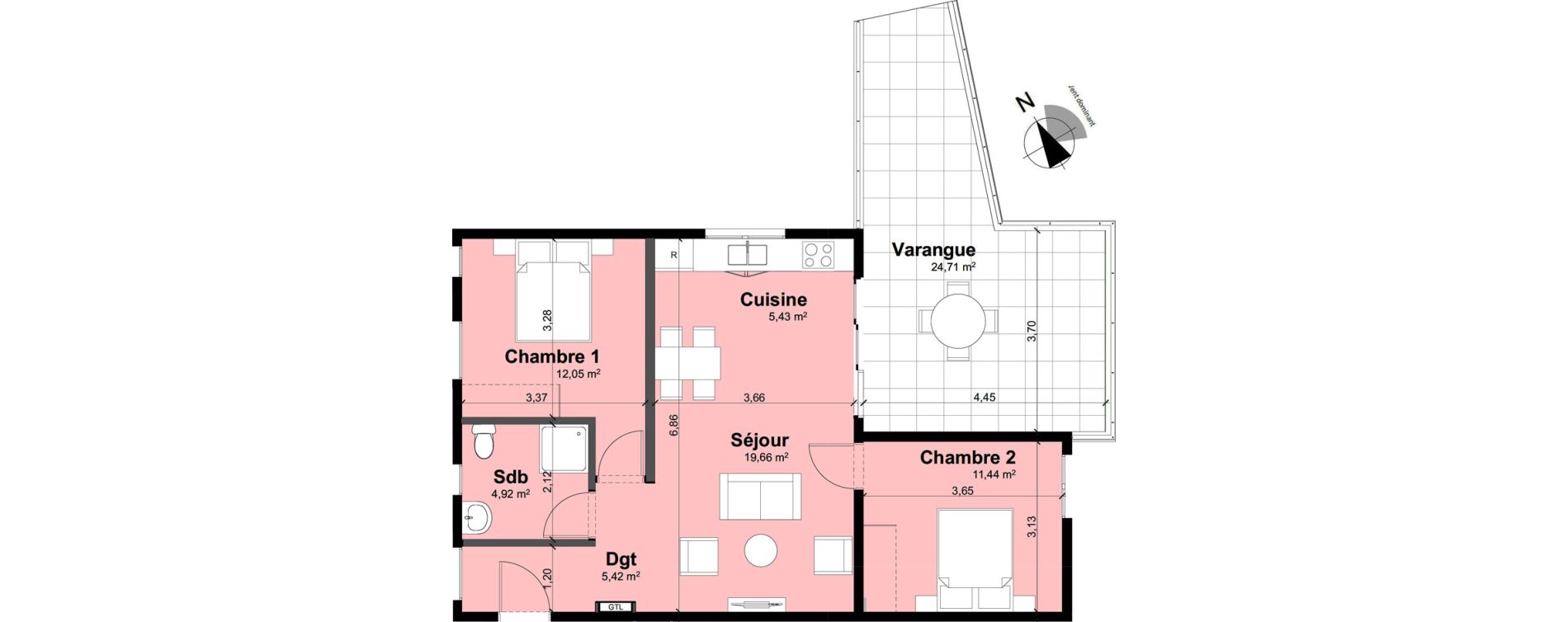 Appartement T3 de 58,92 m2 Remire-Montjoly Centre