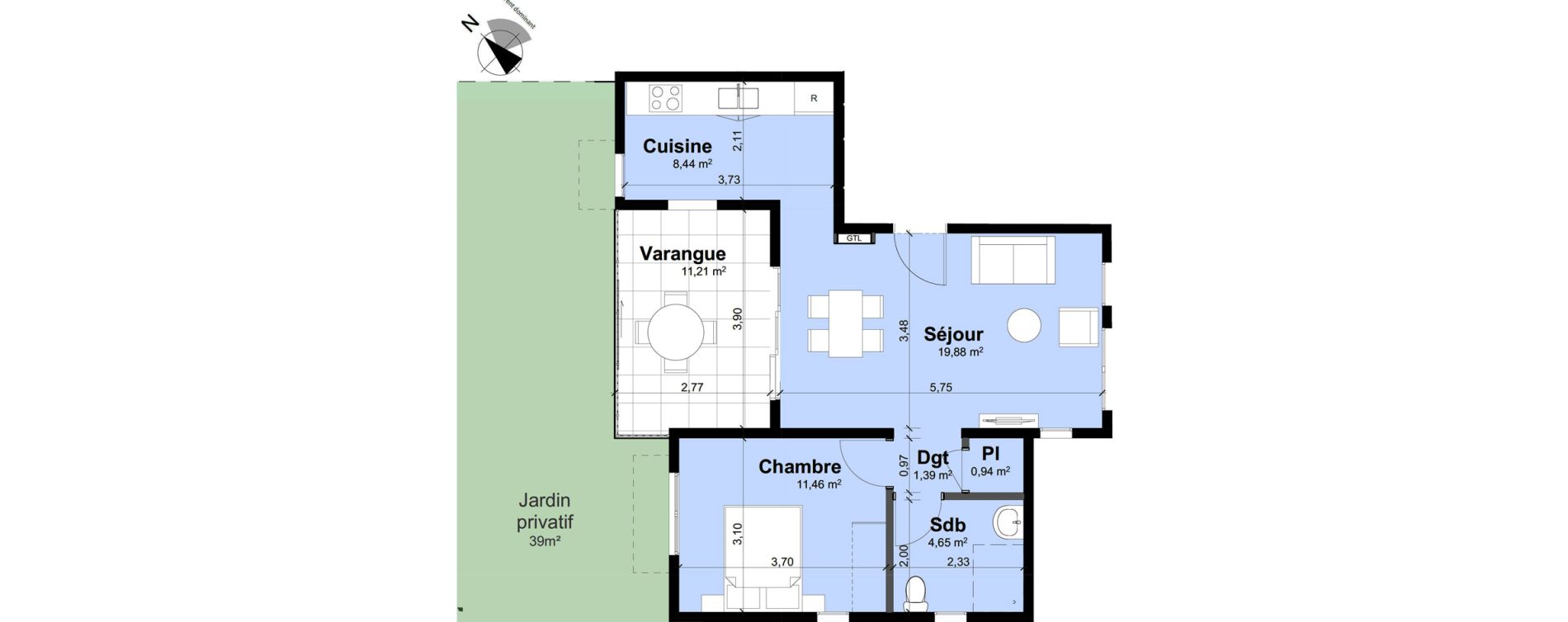 Appartement T2 de 46,76 m2 Remire-Montjoly Centre
